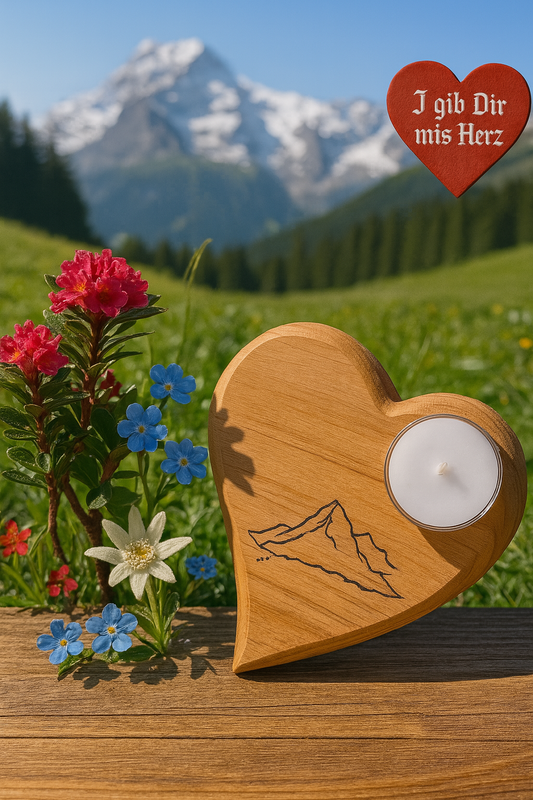 Edles Kirschholz Herz mit Teelicht - I gibe DIR mis Herz